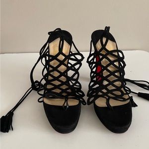 Black Suede Salsbourg Platform Sandals Heels, Tie Up Detail